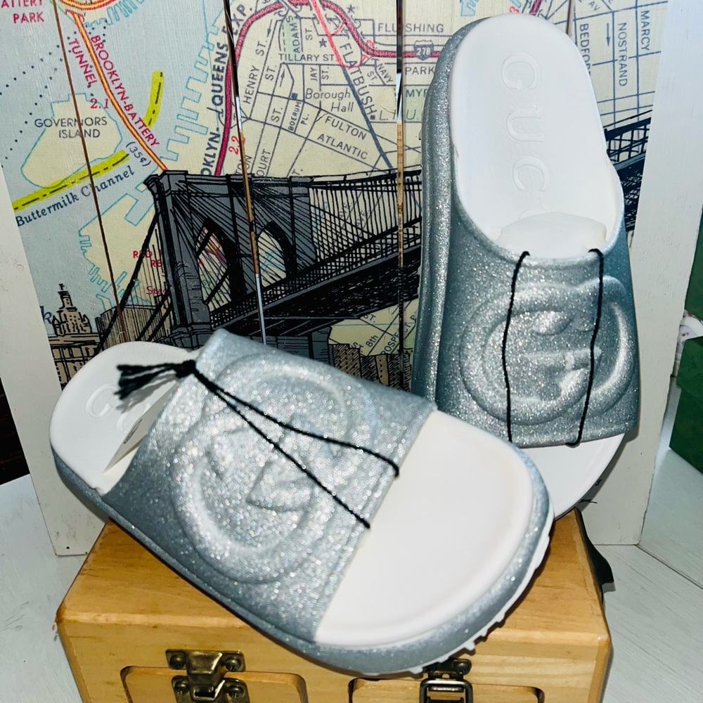 Gucci Silver Glitter Slide Sandals